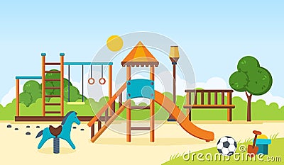 Kids playground, horizontal bars, swings, walking park, children`s toys. Vector Illustration