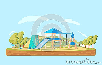 Kids playground or park. Children play complex with swing, slide and climbing wall. Vector Illustration