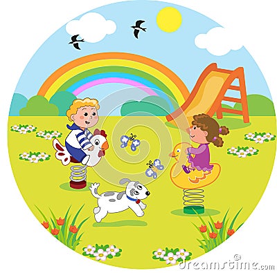 Kids at the playground in round size Vector Illustration