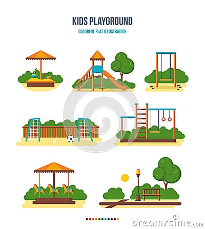 Kids playground: sandpit, slide, swing, football field, stairs, carousel, park Vector Illustration