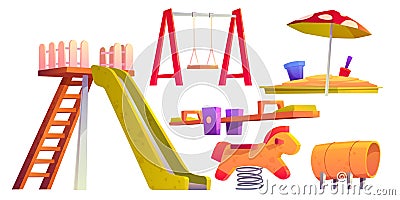 Kids playground with slide, sandbox and swing Vector Illustration