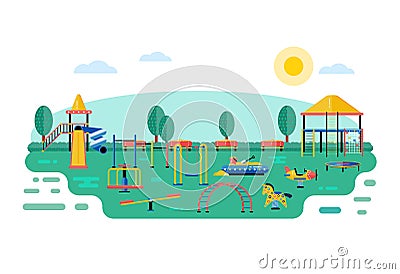Kids playground vector landscape in flat design. Children play a Vector Illustration