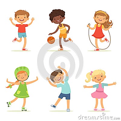 Kids playing in active games. Vector illustrations of funny children at playground Vector Illustration