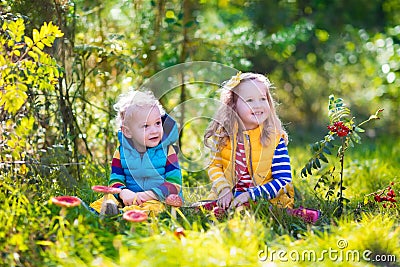 Kids playing in autumn forest Stock Photo