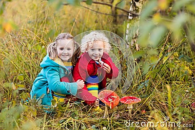 Kids playing in autumn forest Stock Photo