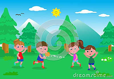 Kids playing with ball in the nature Vector Illustration