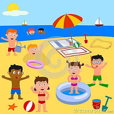 Kids Playing on the Beach Vector Illustration