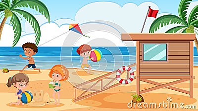 Kids playing at the beach Vector Illustration