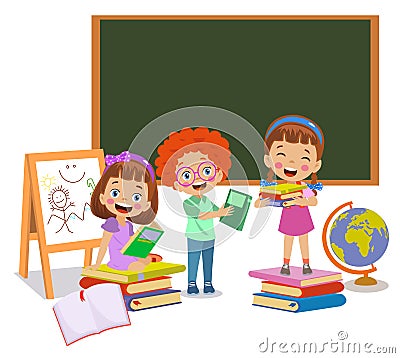 kids playing with bricks and educational games in kindergarten room. Kids play together in kindergarden. Poster with the place for Stock Photo