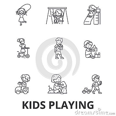 Kids playing, children playing, kids playing outside, jumping, happy, playground line icons. Editable strokes. Flat Vector Illustration