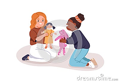 Kids playing with dolls. Happy cute little girls with toys. Preschool kindergarten children together. Toddlers friends Vector Illustration