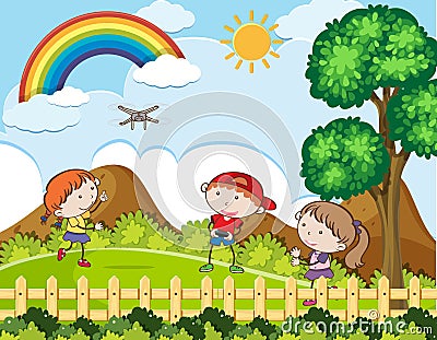 Kids Playing Drone on Sunny Day Cartoon Illustration