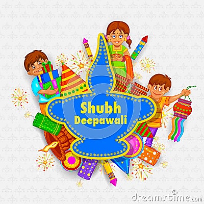 Kids playing with firecracker in Diwal Vector Illustration