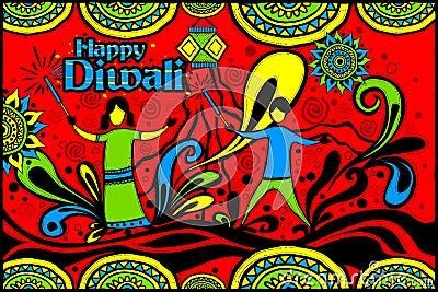 Kids playing with firecracker in Diwal Vector Illustration