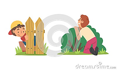 Kids playing hide and seek set. Boys hiding behind wooden fence and green bush cartoon vector illustration Vector Illustration