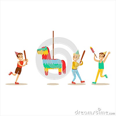 Kids Playing With Horse Shaped Pinata, Kids Birthday Party Scene With Cartoon Smiling Character Vector Illustration