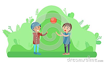 Kids Playing with Inflatable Ball, Children Nature Vector Illustration