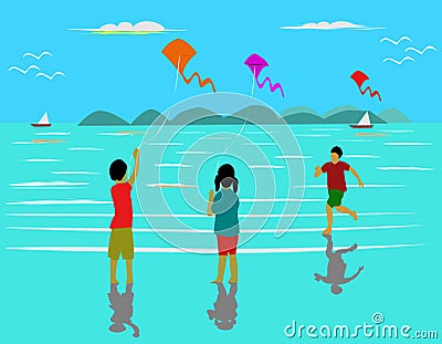 Kids are playing kites on the beach. Vector Illustration