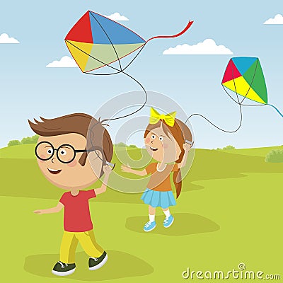 Kids playing with kites outdoor in summer Vector Illustration