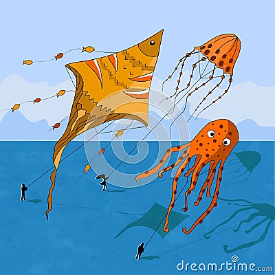 Kids playing kites. Vector illustration of children flying kites on the meadow.Kites in the shape of a fish Vector Illustration