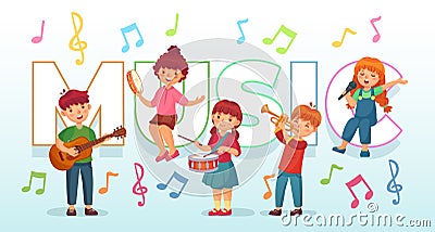 Kids playing music. Children musical instruments, baby band musicians and dancing kid singing or playing guitar vector Vector Illustration