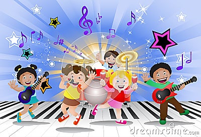 Kids playing music instrument Stock Photo