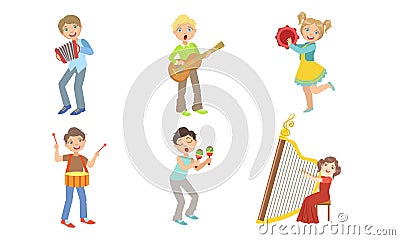 Kids Playing Music Set, Boys and Girls with Musical Instruments, Children Playing Accordion, Guitar, Tambourine, Drum Vector Illustration
