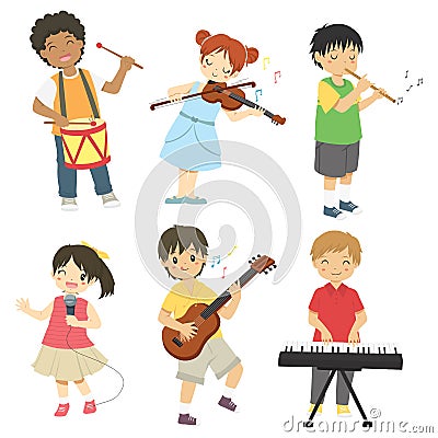 Kids Playing Music Vector Set Vector Illustration