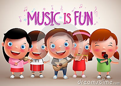 Kids playing musical instruments vector characters while singing Vector Illustration