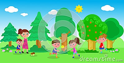 Kids playing in nature Vector Illustration