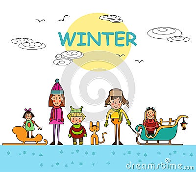 Kids playing outdoors in winter isolated on white background. Vector illustration Vector Illustration