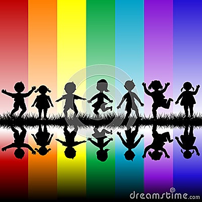 Kids playing over a rainbow background Vector Illustration