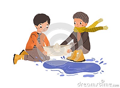 Kids playing with paper boat and puddle in autumn. Children with toy ship near water after rain. Happy friends with Vector Illustration