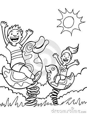 Kids playing on park rides - black and white Vector Illustration