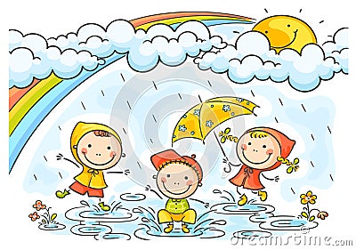 Kids playing in the rain Vector Illustration