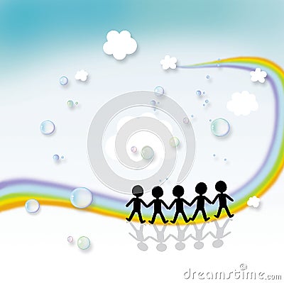 Kids playing and rainbow Cartoon Illustration