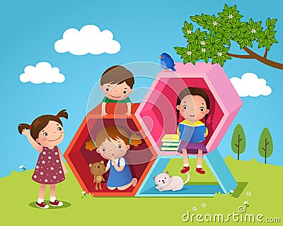 Kids playing and reading with hexagon shaped in the yard Vector Illustration