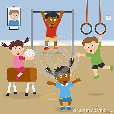 Kids Playing in the School Gym Vector Illustration