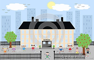 Kids playing in the school playground Vector Illustration