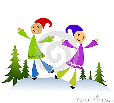 Kids Playing In Snow Cartoon Illustration