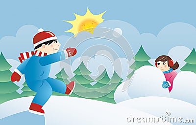 Kids playing snowballs Cartoon Illustration