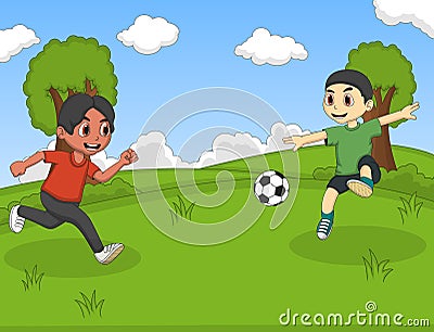 Kids playing soccer in the park cartoon vector illustration Vector Illustration