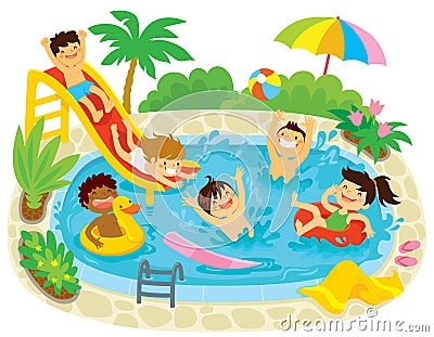 Kids Playing in a Swimming Pool Vector Illustration