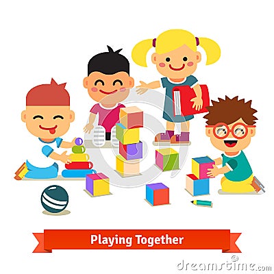 Kids playing with toys in kindergarten room Vector Illustration