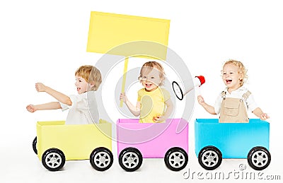 Kids Playing Train Advertising Toy. Children with Blank Ads Board and Megaphone on White Stock Photo