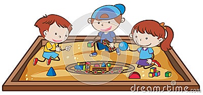 Kids Playing Train Toy at Sand Playground Vector Illustration