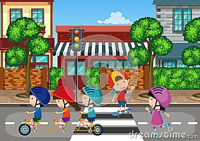 Kids playing at urban town Vector Illustration