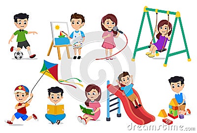 Kids playing vector characters set. Young boys and girls doing educational and school activities Vector Illustration