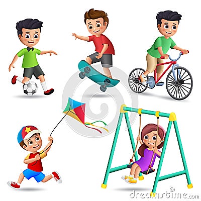 Kids playing vector characters set. Young boys and girls happy playing outdoor activities and sports Vector Illustration