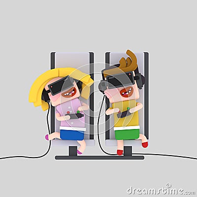 Kids playing with virtual reality set 3D Cartoon Illustration